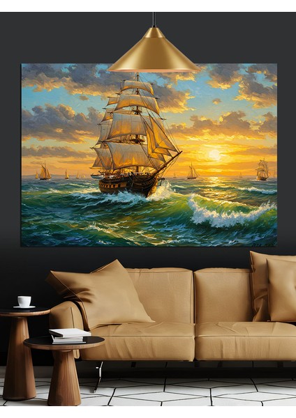 Yelkenli Gemi Gün Batımı Dekoratif Kanvas - Mdf Ahşap Tablo