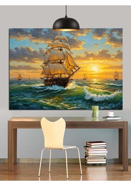 Yelkenli Gemi Gün Batımı Dekoratif Kanvas - Mdf Ahşap Tablo fırsatları