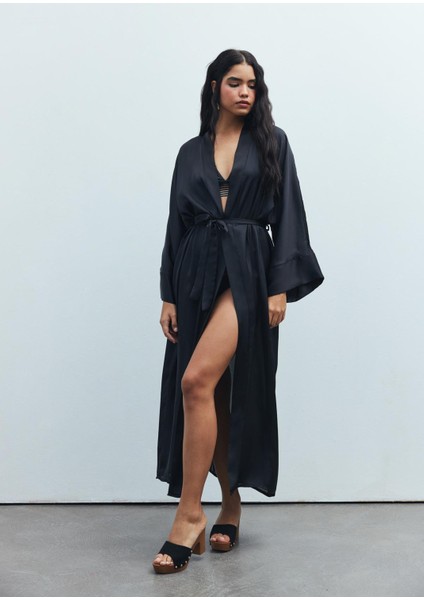 Frappant Siyah Uzun Saten Sabahlık / Kimono