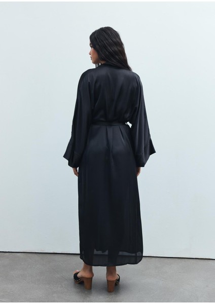 Frappant Siyah Uzun Saten Sabahlık / Kimono