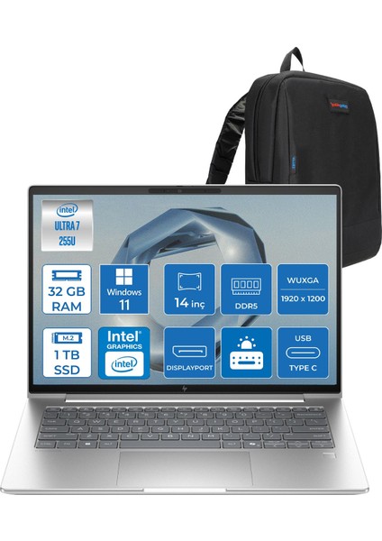 Elitebook 6 G1I Intel® Core Ultra 7 255U 32GB Ddr5 1tb SSD 14" Wuxga (1920 x 1200), IPS 400 Nits WIN11PRO Taşınabilir Bilgisayar C9XW2ETP08+ZETTAÇANTA