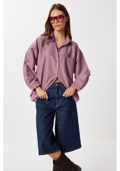 Çizgili Oversize Dokuma Gömlek LDZ0050 Bordo