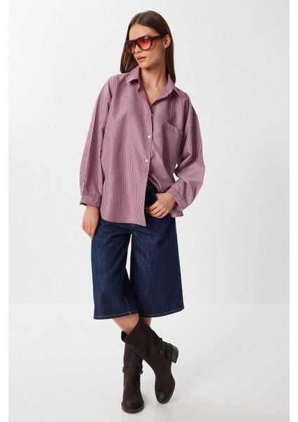 Çizgili Oversize Dokuma Gömlek LDZ0050 Bordo modelleri