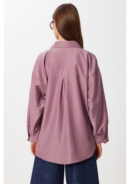 Çizgili Oversize Dokuma Gömlek LDZ0050 Bordo indirimleri