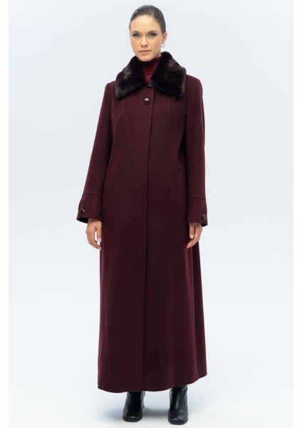 Yakası Çıkabilir Kürklü Punto Detaylı Büyük Beden Manto A.mürdüm 3143