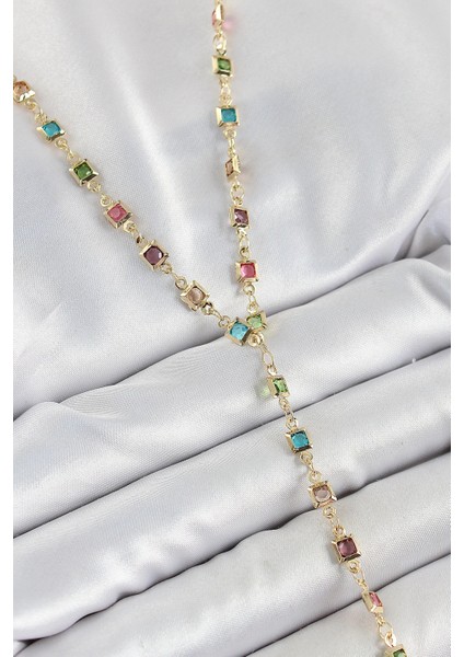 Pirinç Asorti Kare Model Gold Renk Zirkon Taşlı Y Kolye