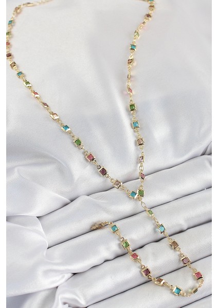 Pirinç Asorti Kare Model Gold Renk Zirkon Taşlı Y Kolye fiyatları