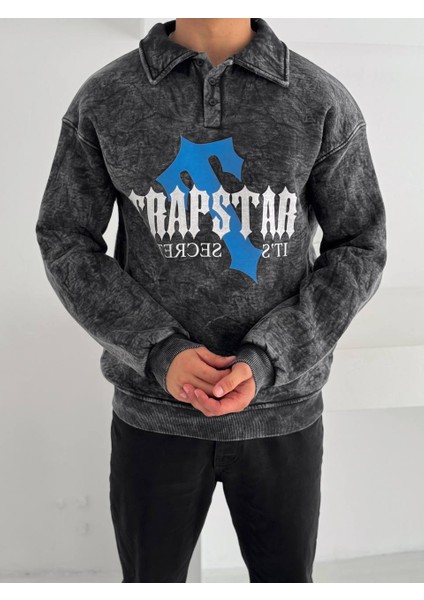 Yıkamalı Kumaş Oversıze Düğmeli Yakalı Sweat - %100 Penye Oversıze Sweatshırt