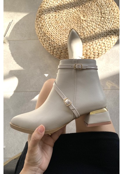 Krem Cilt 4 cm Kalın Galvaniz Topuklu Bantlı Şık Günlük Kadın Bot TMD2024801
