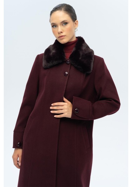 Yakası Çıkabilir Kürklü Punto Detaylı Büyük Beden Manto A.mürdüm 3143 modelleri