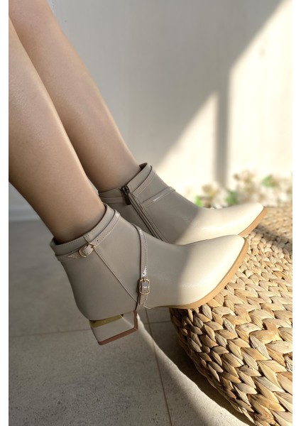 Krem Cilt 4 cm Kalın Galvaniz Topuklu Bantlı Şık Günlük Kadın Bot TMD2024801 indirimleri