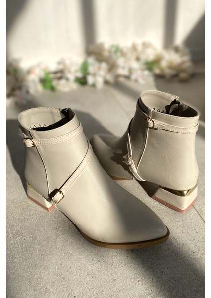 Krem Cilt 4 cm Kalın Galvaniz Topuklu Bantlı Şık Günlük Kadın Bot TMD2024801 modelleri