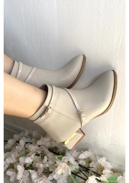 Krem Cilt 4 cm Kalın Galvaniz Topuklu Bantlı Şık Günlük Kadın Bot TMD2024801 indirimleri
