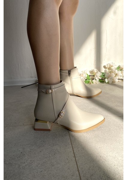 Krem Cilt 4 cm Kalın Galvaniz Topuklu Bantlı Şık Günlük Kadın Bot TMD2024801