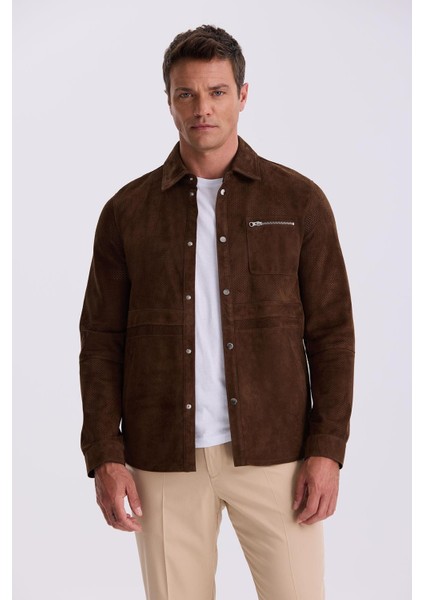 Kahve Comfort Fit Bebe Yaka %100 Deri Mont