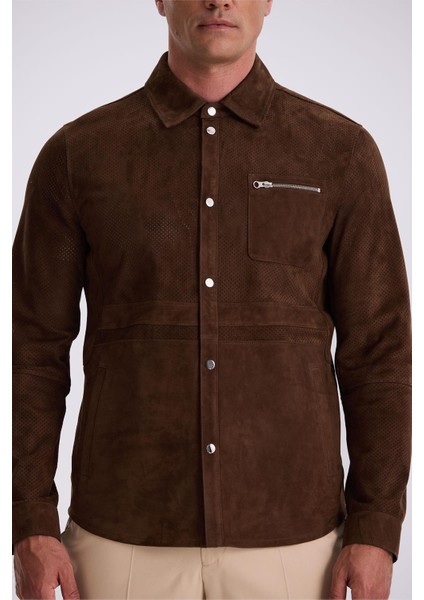 Kahve Comfort Fit Bebe Yaka %100 Deri Mont