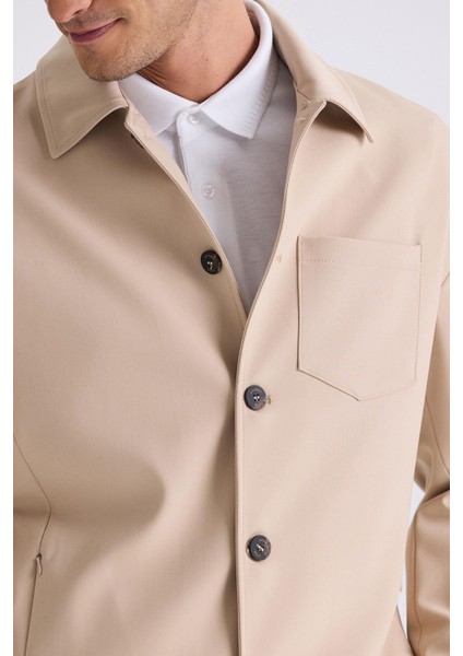 Bej Slim Fit Bebe Yaka Mevsimlik Mont