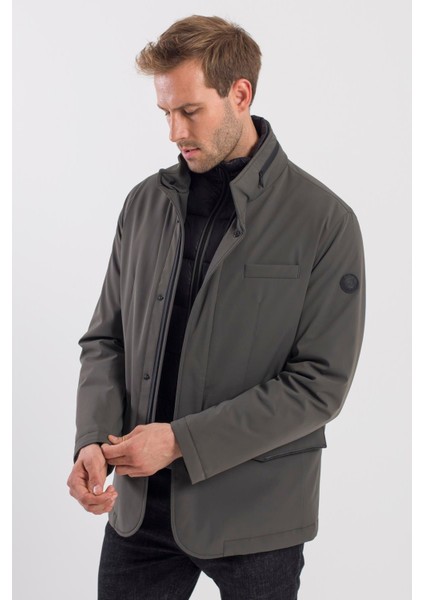 Haki Comfort Fit Gizli Kapüşonlu Mont