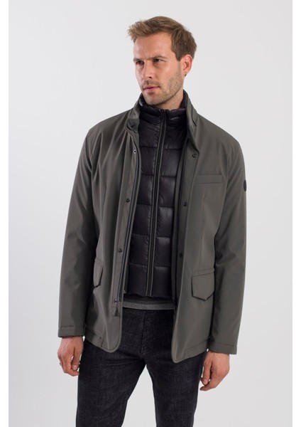 Haki Comfort Fit Gizli Kapüşonlu Mont