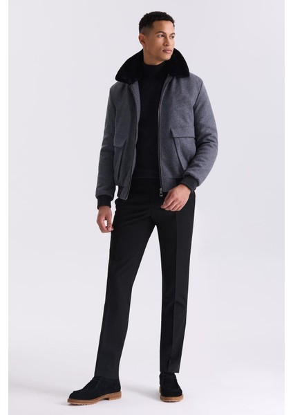 Gri Regular Fit Yaka Kürklü Kışlık Şişme Mont