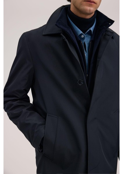 Lacivert Comfort Fit Berberi Yaka Gizli Düğmeli Mont