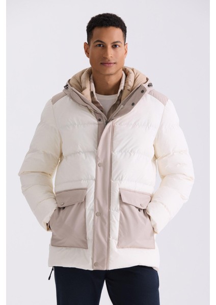 Ekru Comfort Fit Kapüşonlu Cepli Şişme Mont indirimleri