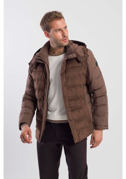 Kahve Comfort Fit Kapüşonlu Şişme Mont