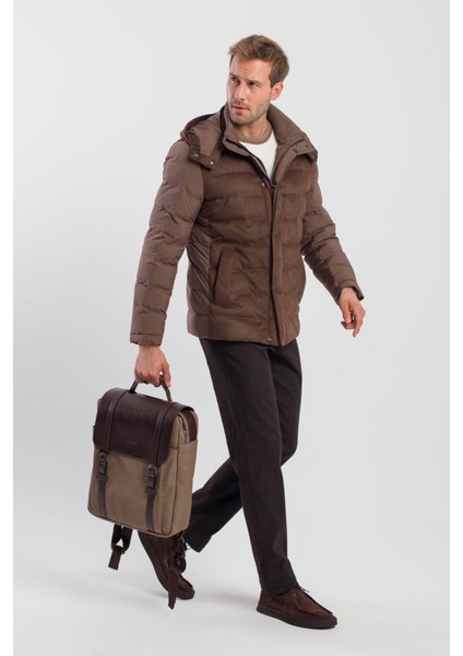 Kahve Comfort Fit Kapüşonlu Şişme Mont