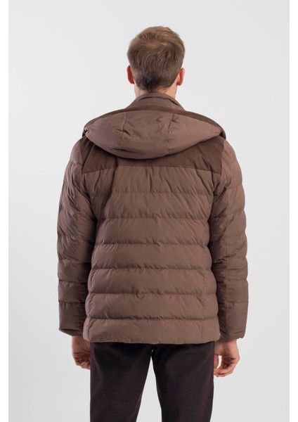 Kahve Comfort Fit Kapüşonlu Şişme Mont