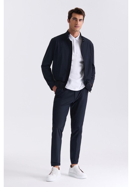 Lacivert Comfort Fit Dik Yaka Önü Fermuarlı Mevsimlik Mont