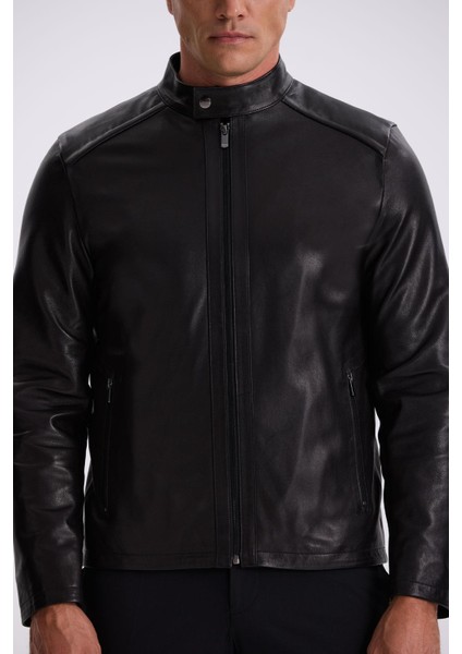 Siyah Comfort Fit Dik Yaka %100 Deri Mont