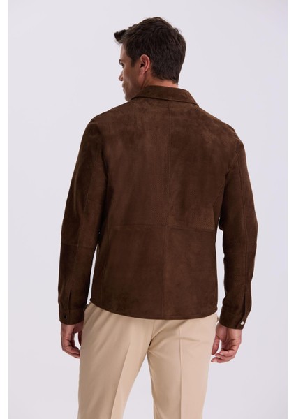 Kahve Comfort Fit Bebe Yaka %100 Deri Mont