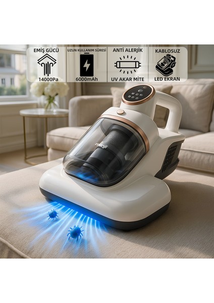 UV10C 6000MAH Antialerjik Ultraviyole 14000PA Akar Mite Temizleyici Kablosuz Şarjlı Süpürge