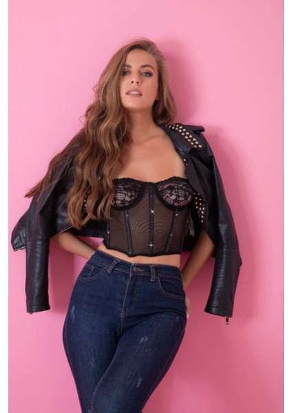 Siyah Özel Tasarım Taşlı Büstiyer fiyatları