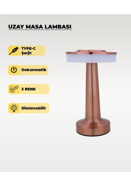 Rose Uzay Masa Lambası - Dokunmatik - 3 Renk Işık