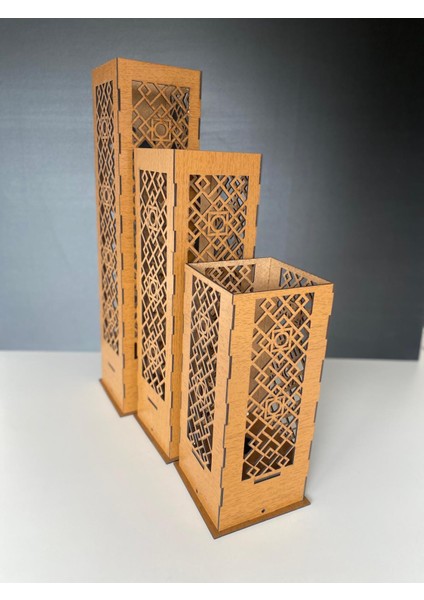 3lü Ceviz Renk Ahşap Lazer Kesim Lambader