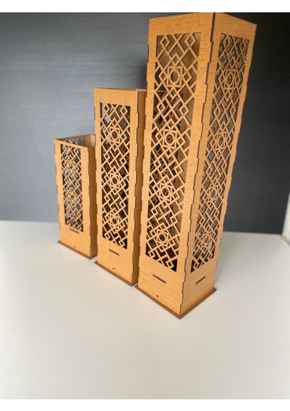 3lü Ceviz Renk Ahşap Lazer Kesim Lambader modelleri