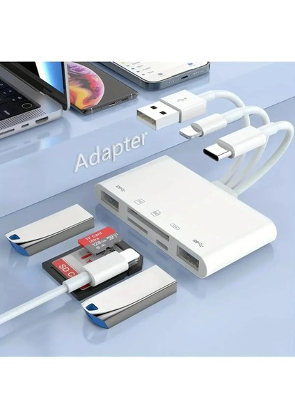 5 In 1 Lightning Usb-A Type-C Çıkışlı Çoklu Otg Çevirici Adaptör Sd Tf Kart Okuyucu USB Hub