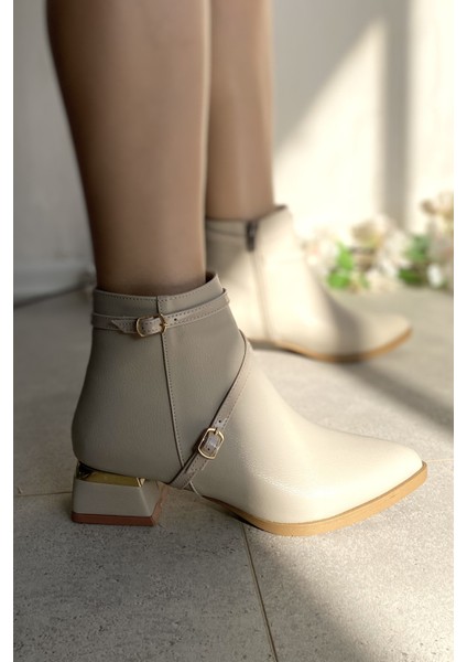 Krem Cilt 4 cm Kalın Galvaniz Topuklu Bantlı Şık Günlük Kadın Bot TMD2024801 fiyatları