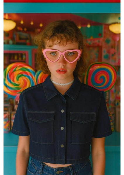 Kadın Regular Fit Cepli Lacivert Crop Jean Gömlek