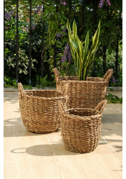 Marlen - Dekoratif Doğal El Örmesi Kulplu Hasır 2 Li Saksı Sepet Seti