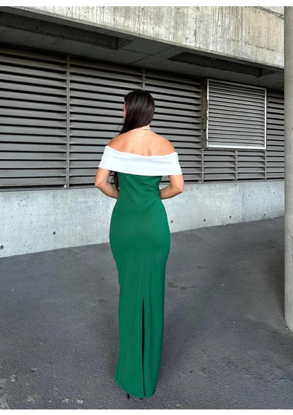 Krep Esnek Kumaş Madonna Yaka Garnili Abiye Elbise 583257 Zümrüt modelleri