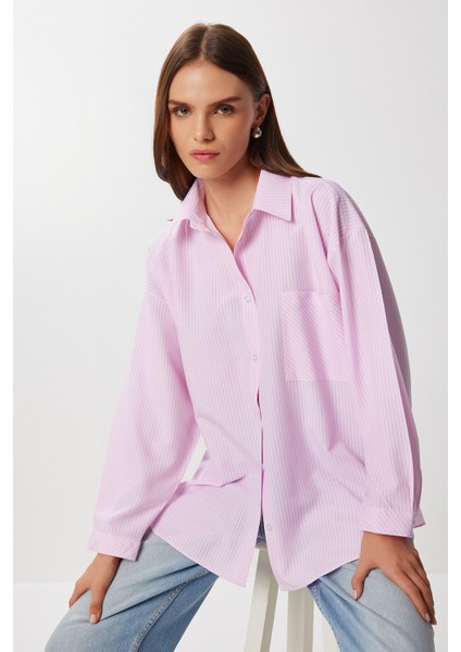 Çizgili Oversize Dokuma Gömlek LDZ0050 Pembe