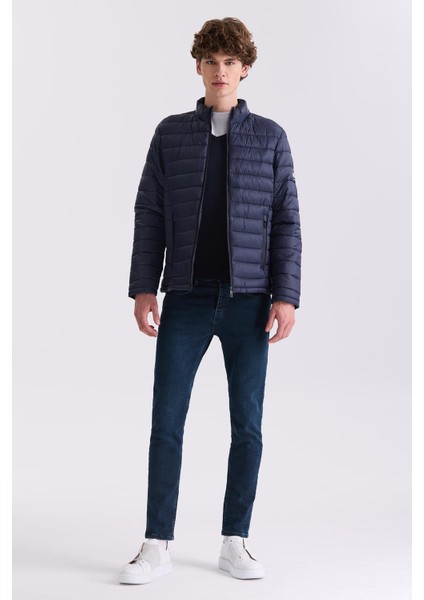 Lacivert Slim Fit Hakim Yaka Şişme Mont