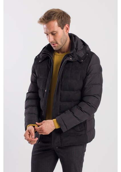 Siyah Comfort Fit Kapüşonlu Şişme Mont