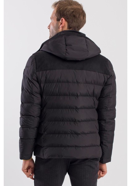 Siyah Comfort Fit Kapüşonlu Şişme Mont