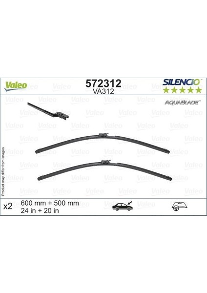 572312 - Valeo Silencio Aquablade Flat Blade VA312 X2 600 500 mm Volvo V60 06/18 Isıtma Özellikli