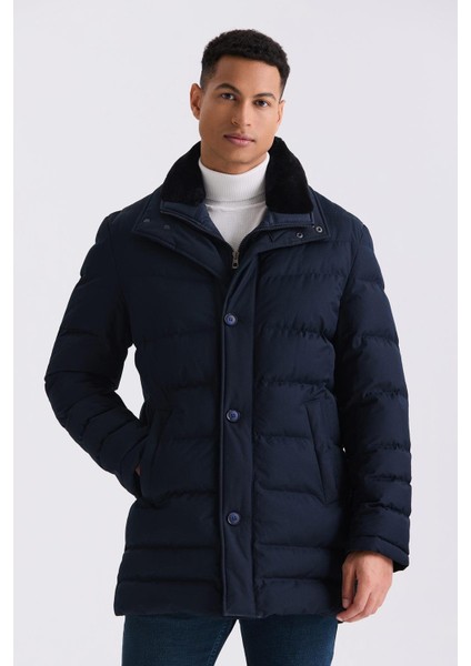 Lacivert Regular Fit Yaka Kürklü Düğmeli Şişme Mont indirimleri