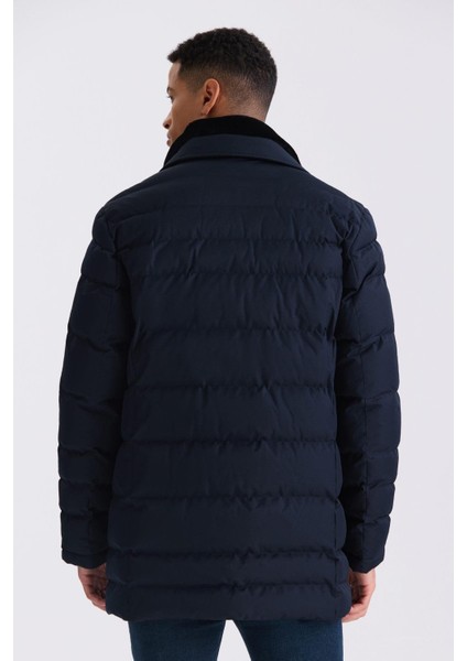 Lacivert Regular Fit Yaka Kürklü Düğmeli Şişme Mont