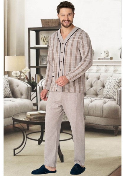 Mecit 2767 Kahve Önden Düğmeli Büyük Beden Erkek Pijama Takımı